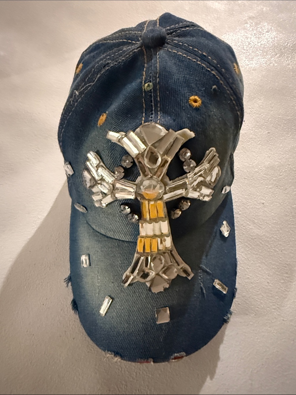 Embellished Denim Baseball Cap - Blue with Silver Cross Accent